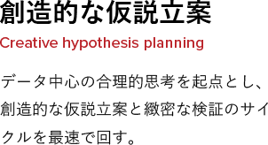 創造的な仮説立案 Creative hypothesis planning データ中心の合理的思考を起点とし、創造的な仮説立案と緻密な検証のサイクルを最速で回す。