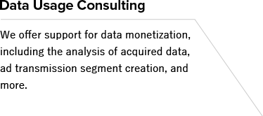 Data Usage Consulting We offer support for data monetization, including the analysis of acquired data, ad transmission segment creation, and more.
